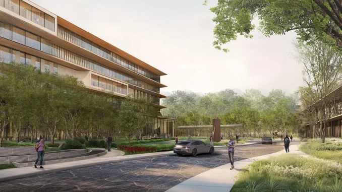 A building with trees and a car